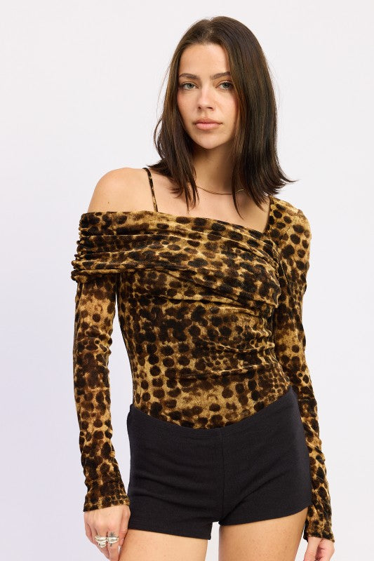 ANIMAL PRINT FLOCKING MESH ASYMMETRICAL BODYSUIT
