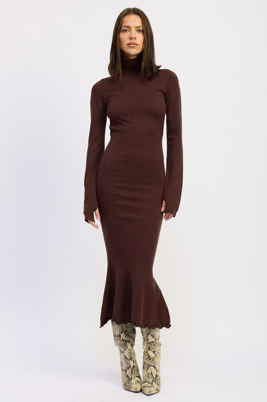 TURTLE NECK MIDI DRESS WITH BACK CUTOUT